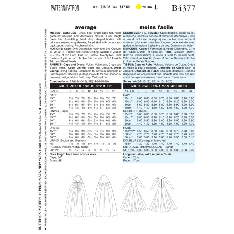 Patron Butterick 4377/AA - Déguisement