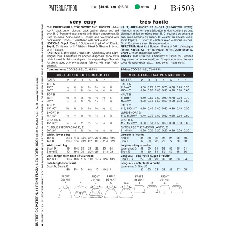 Patron Butterick 4503/CDD - Haut, jupe et short