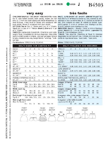 Patron Butterick 4503/CDD - Haut, jupe et short