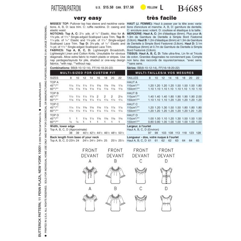 Patron Butterick 4685/BB - Haut