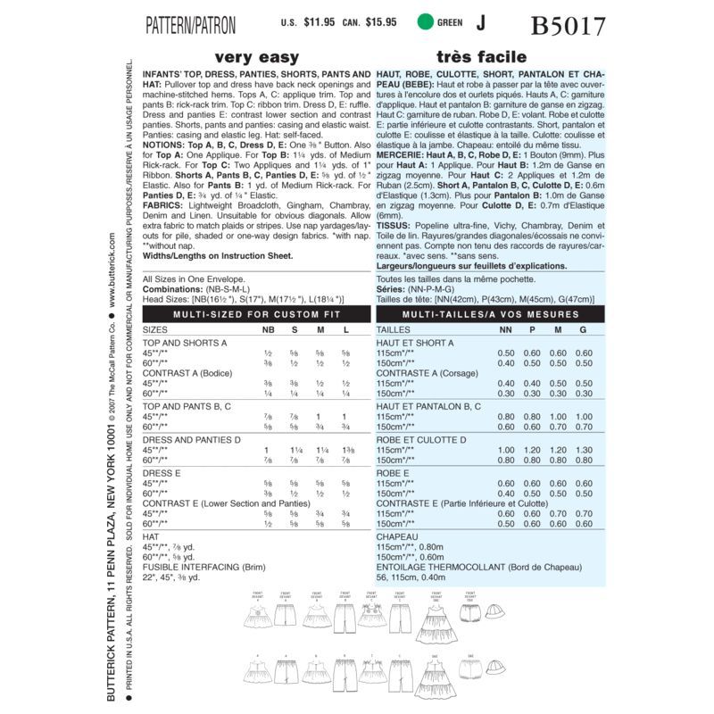 Patron Butterick 5017/OSZ - Haut, robe, culotte, short, pantalon et chapeau
