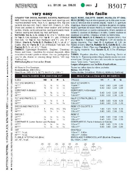 Patron Butterick 5017/OSZ - Haut, robe, culotte, short, pantalon et chapeau