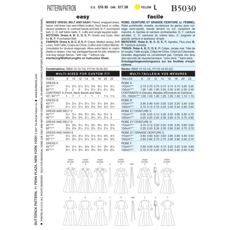 Patron Butterick 5030/BB - Robe et ceinture
