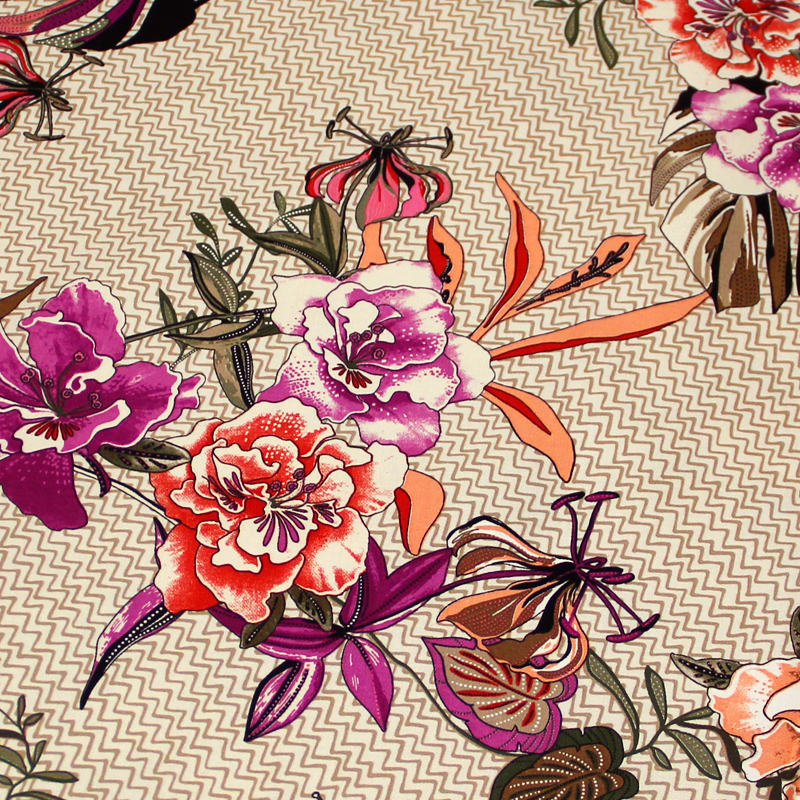 Gabardine coton & élasthanne - Fleuri fuchsia & rouge fond beige à motif