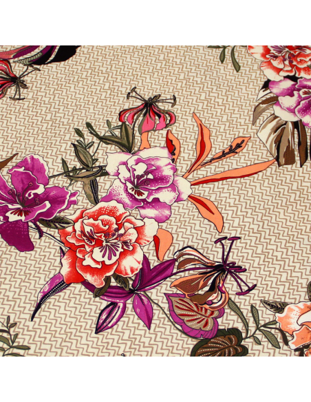 Gabardine coton & élasthanne - Fleuri fuchsia & rouge fond beige à motif