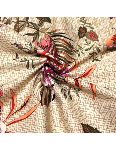 Gabardine coton & élasthanne - Fleuri fuchsia & rouge fond beige à motif