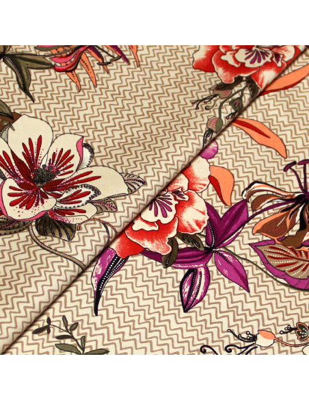 Gabardine coton & élasthanne - Fleuri fuchsia & rouge fond beige à motif