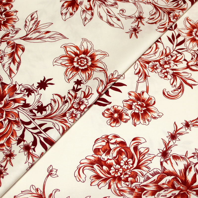 Gabardine coton & élasthanne - Fleuri rouge foncé fond blanc cassé