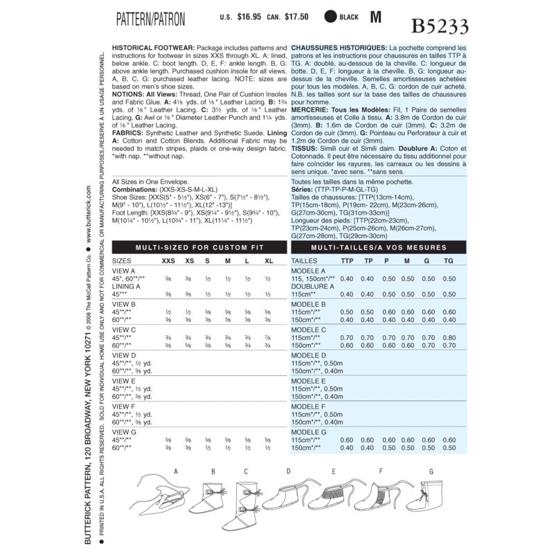 Patron Butterick 5233/OSZ - Chaussures historiques