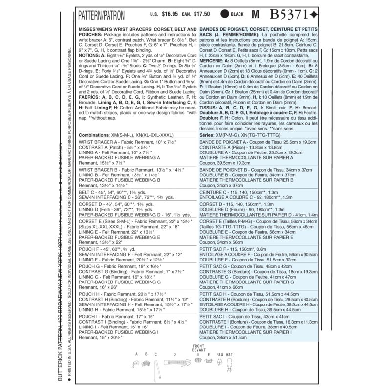 Patron Butterick 5371/XM - Bande de poignet, corset, ceinture et petits sacs