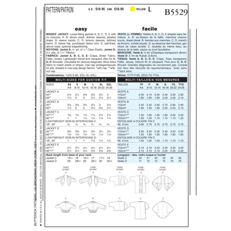 Patron Butterick 5529/Y - Veste