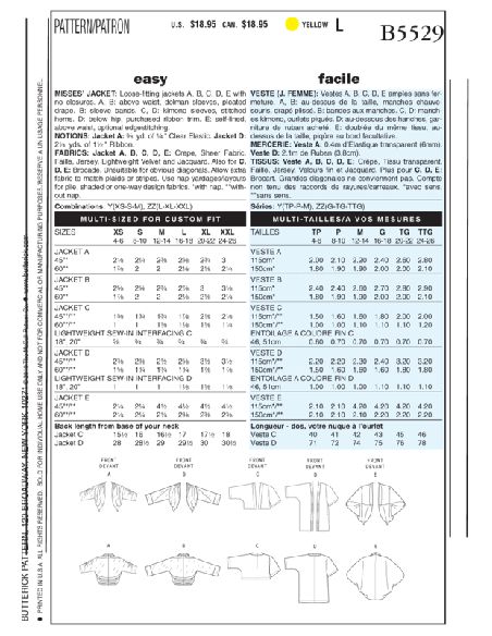 Patron Butterick 5529/Y - Veste