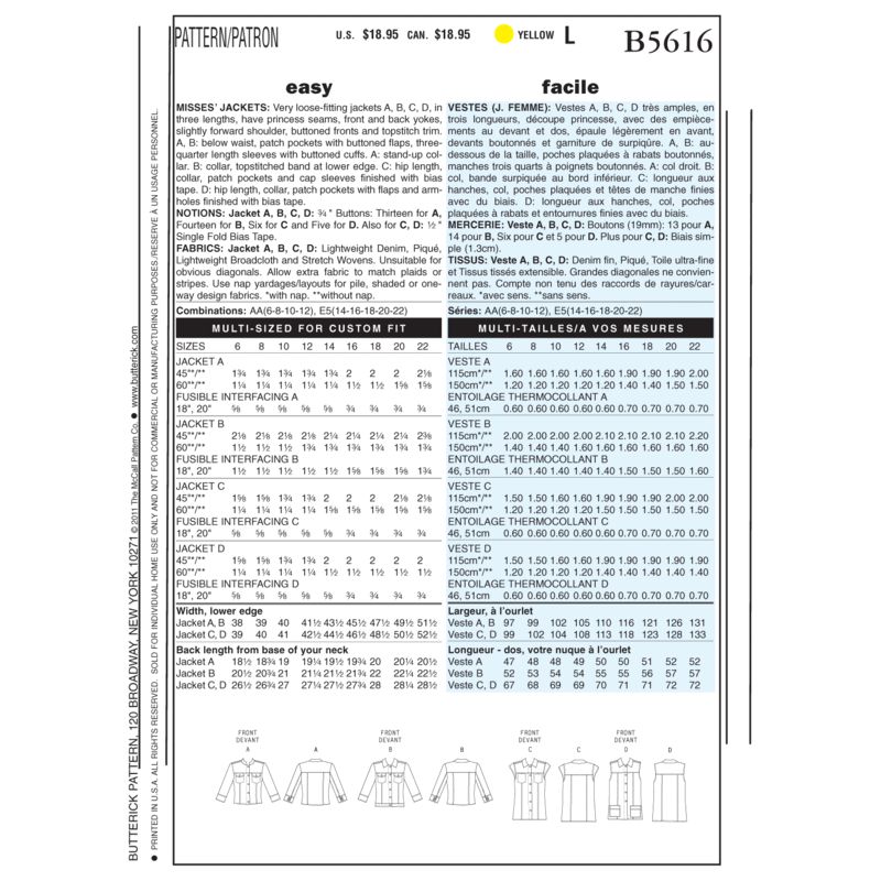 Patron Butterick 5616/AA - Vestes