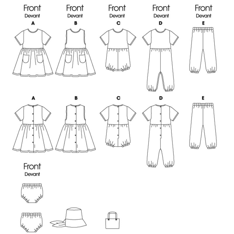 Patron Butterick 5624/NB - Robe, chasuble, barboteuse, combinaison, culotte, pantalon et sac