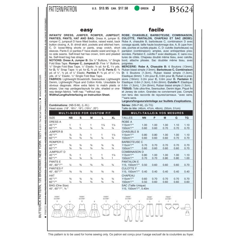 Patron Butterick 5624/NB - Robe, chasuble, barboteuse, combinaison, culotte, pantalon et sac