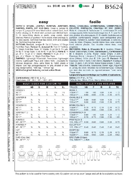 Patron Butterick 5624/NB - Robe, chasuble, barboteuse, combinaison, culotte, pantalon et sac