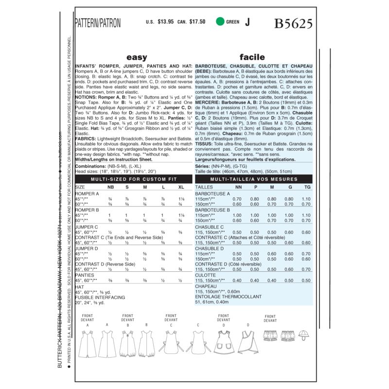 Patron Butterick 5625/NB - Barboteuse, chasuble, culotte et chapeau