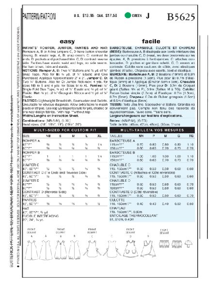 Patron Butterick 5625/NB - Barboteuse, chasuble, culotte et chapeau