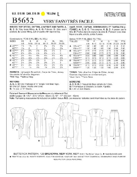 Patron Butterick 5652/Y - Robe, caftan, combinaison et pantalon