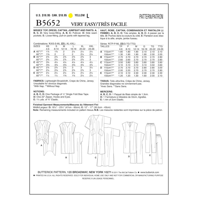 Patron Butterick 5652/Y - Robe, caftan, combinaison et pantalon