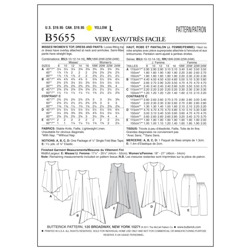 Patron Butterick 5655/B5 - Haut, robe et pantalon