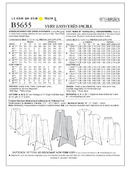 Patron Butterick 5655/B5 - Haut, robe et pantalon