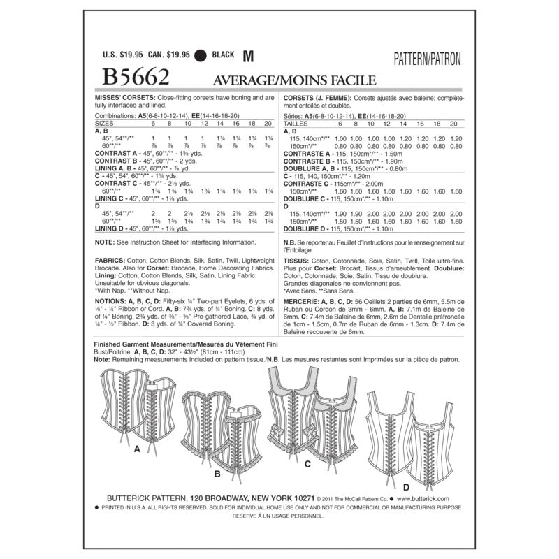 Patron Butterick 5662/A5 - Corsets