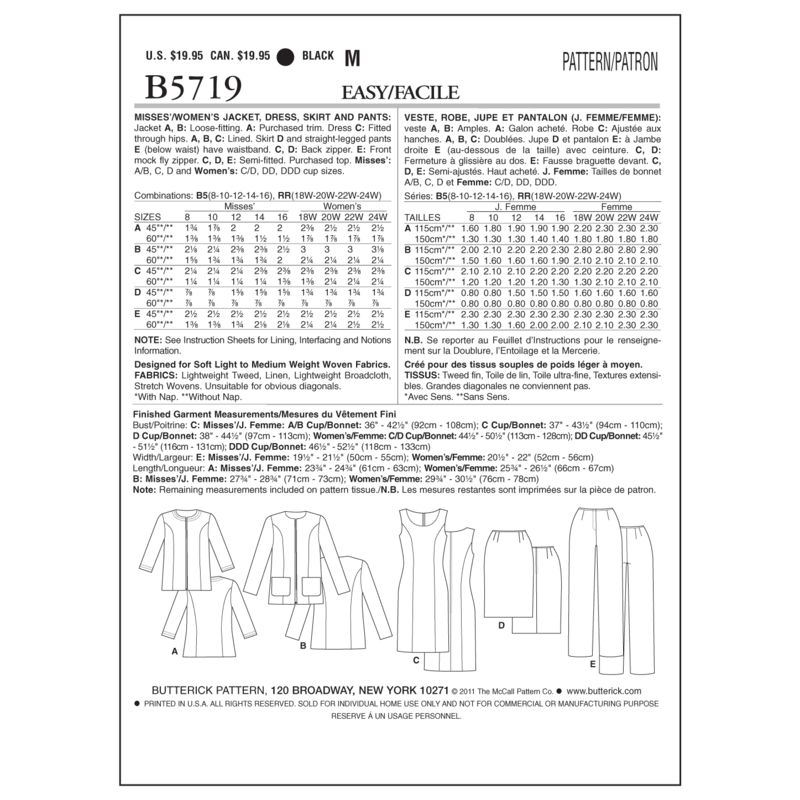Patron Butterick 5719/B5 - Veste, robe, jupe et pantalon