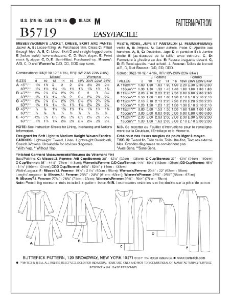 Patron Butterick 5719/B5 - Veste, robe, jupe et pantalon