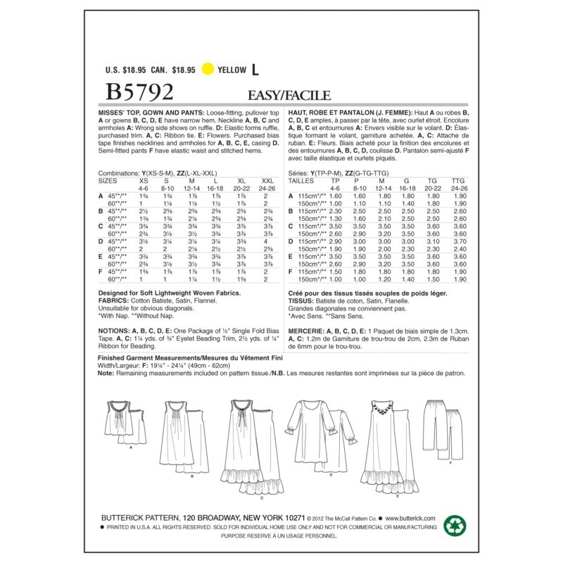 Patron Butterick 5792/Y - Haut, robe et pantalon