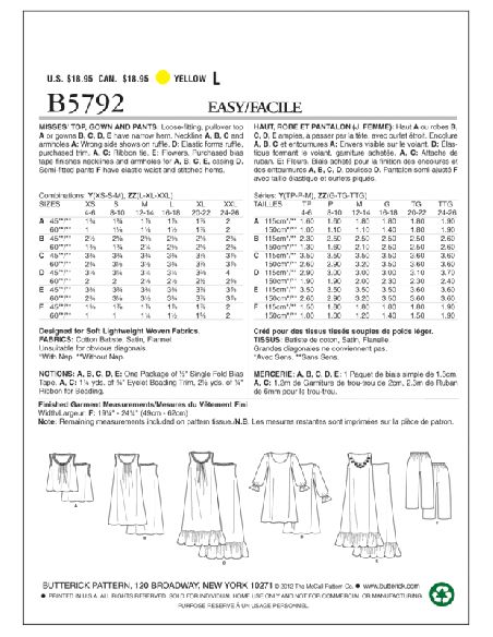 Patron Butterick 5792/Y - Haut, robe et pantalon