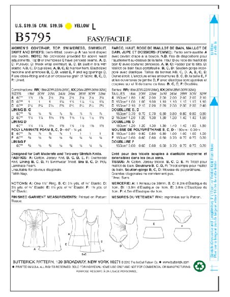 Patron Butterick 5795/RR - Paréo, haut, robe, maillot de bain jupe et dossiers