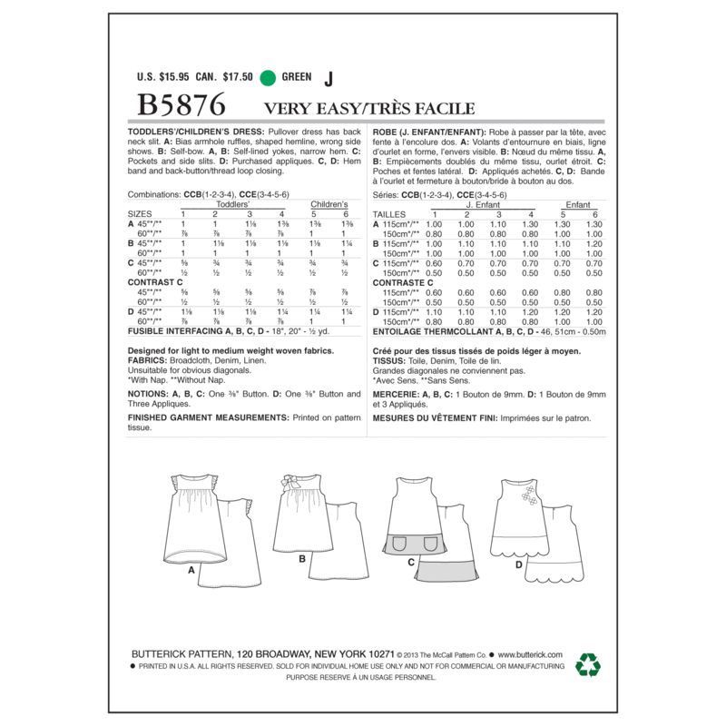 Patron Butterick 5876/CCB - Robe enfant