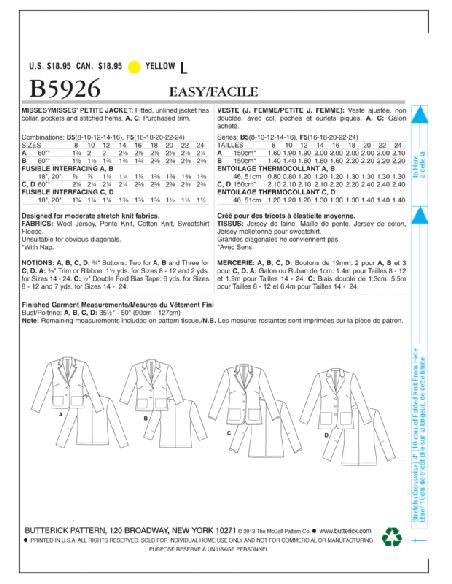 Patron Butterick 5926/B5 - Veste