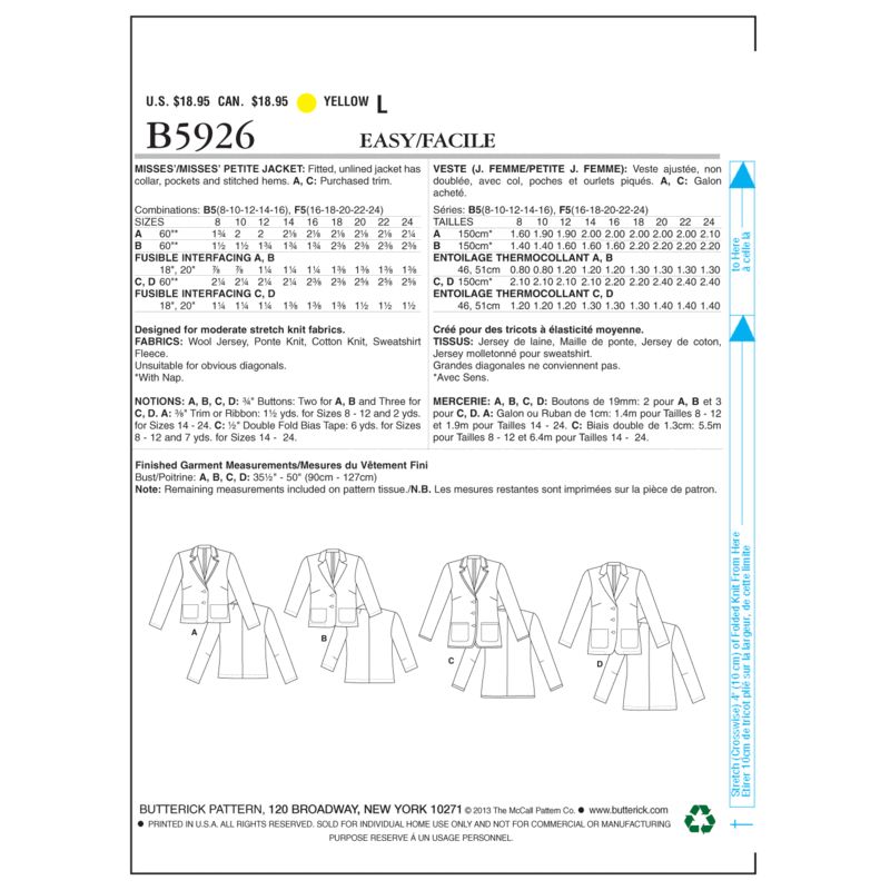 Patron Butterick 5926/B5 - Veste