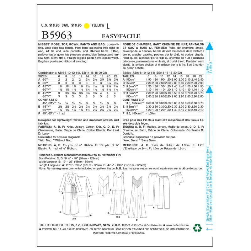 Patron Butterick 5963/A5 - Robe de chambre, haut, chemise de nuit, pantalon et sac à main