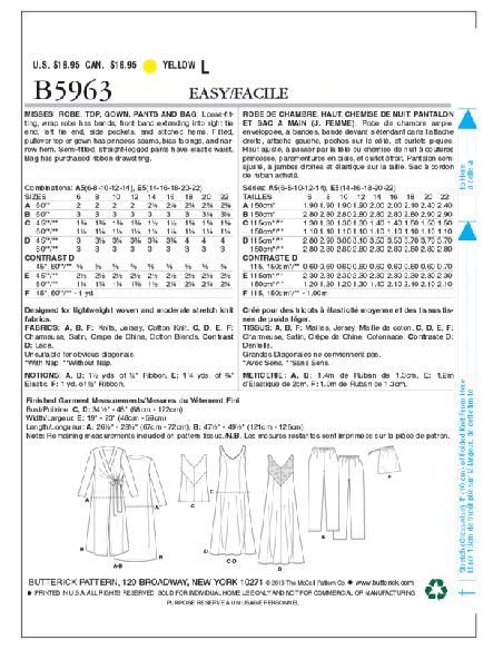 Patron Butterick 5963/A5 - Robe de chambre, haut, chemise de nuit, pantalon et sac à main