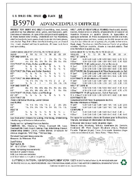 Patron Butterick 5970/B5 - Haut, jupe et ceinture