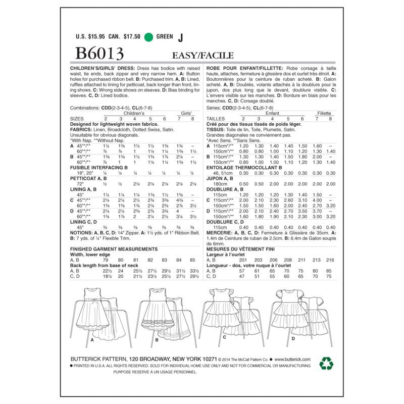 Patron Butterick 6013/CDD - Robe pour enfant