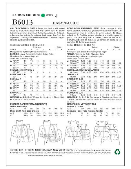 Patron Butterick 6013/CDD - Robe pour enfant