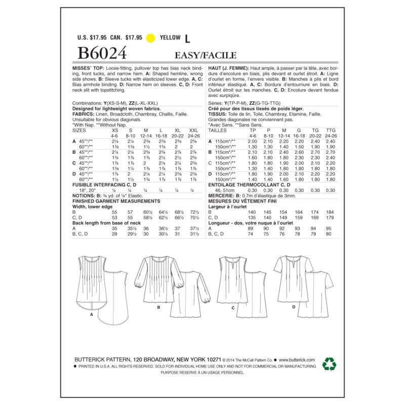 Patron Butterick 6024/Y - Haut