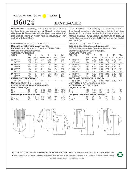Patron Butterick 6024/Y - Haut