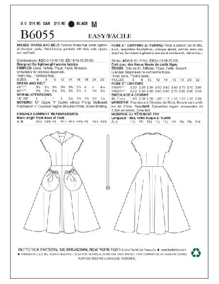 Patron Butterick 6055/A5 - Robe et ceinture