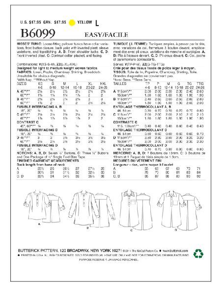 Patron Butterick 6099/Y - Tunique
