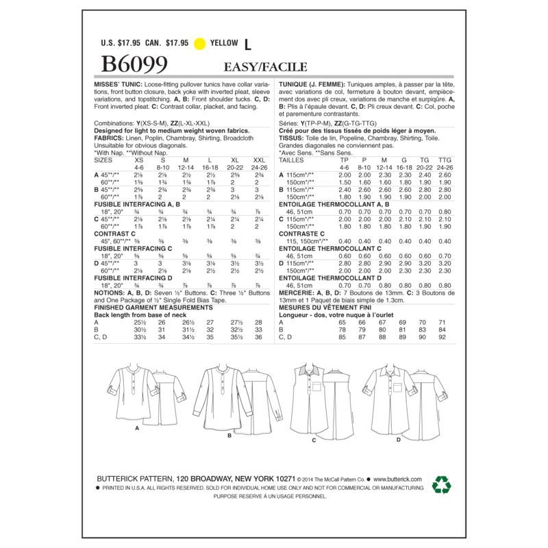 Patron Butterick 6099/Y - Tunique