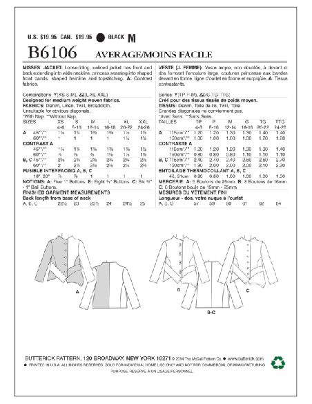Patron Butterick 6106/Y - Veste