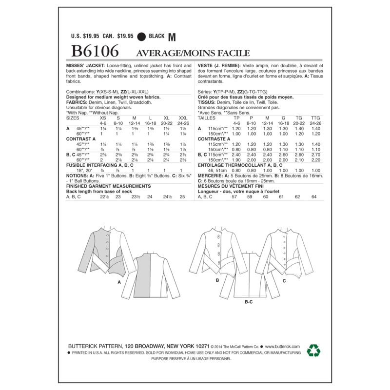 Patron Butterick 6106/Y - Veste