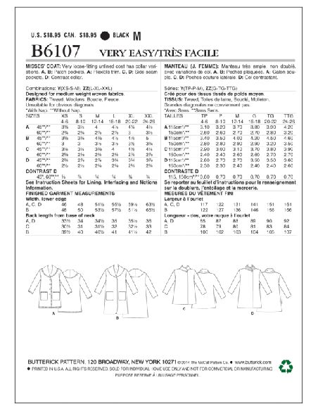 Patron Butterick 6107/Y - Manteau