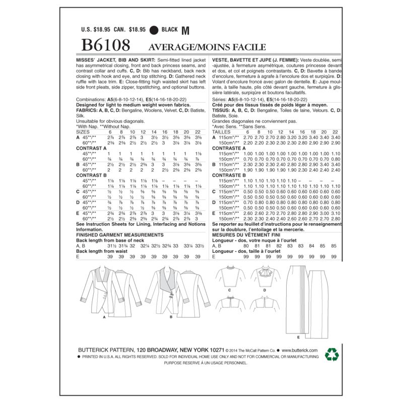 Patron Butterick 6108/A5 - Veste, bavette et jupe