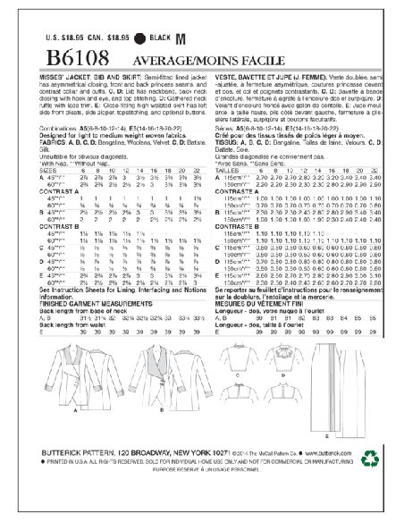 Patron Butterick 6108/A5 - Veste, bavette et jupe